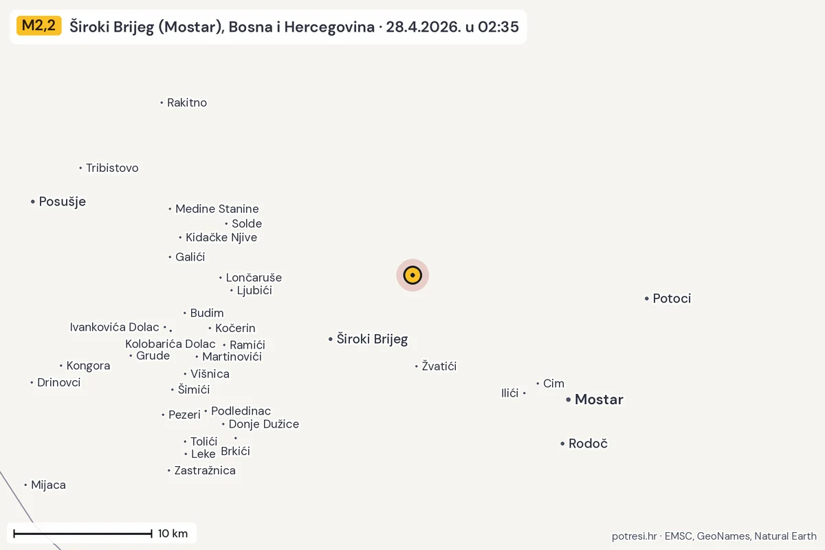 Karta: okolica epicentra, 60 km, potres M2,2, Široki Brijeg (Mostar), Bosna i Hercegovina, 28.4.2026.