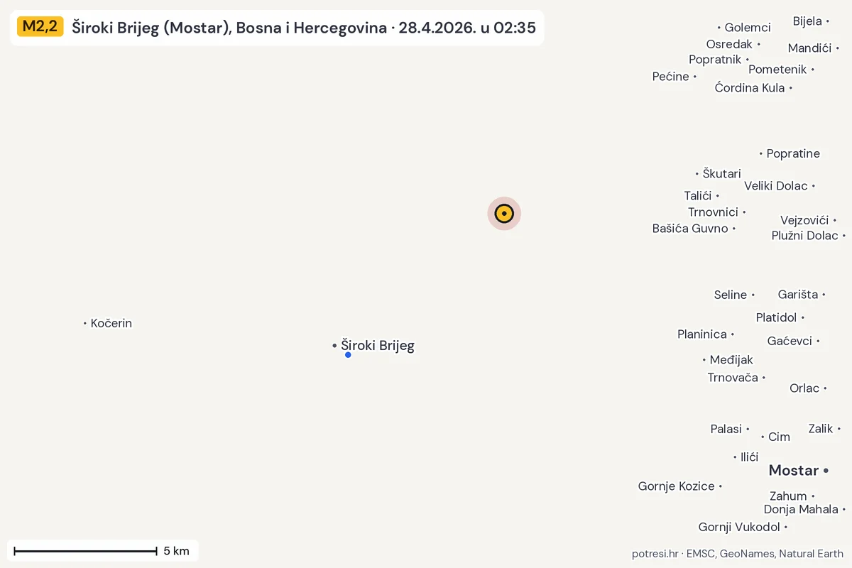 Karta: izvješća građana, potres M2,2, Široki Brijeg (Mostar), Bosna i Hercegovina, 28.4.2026.