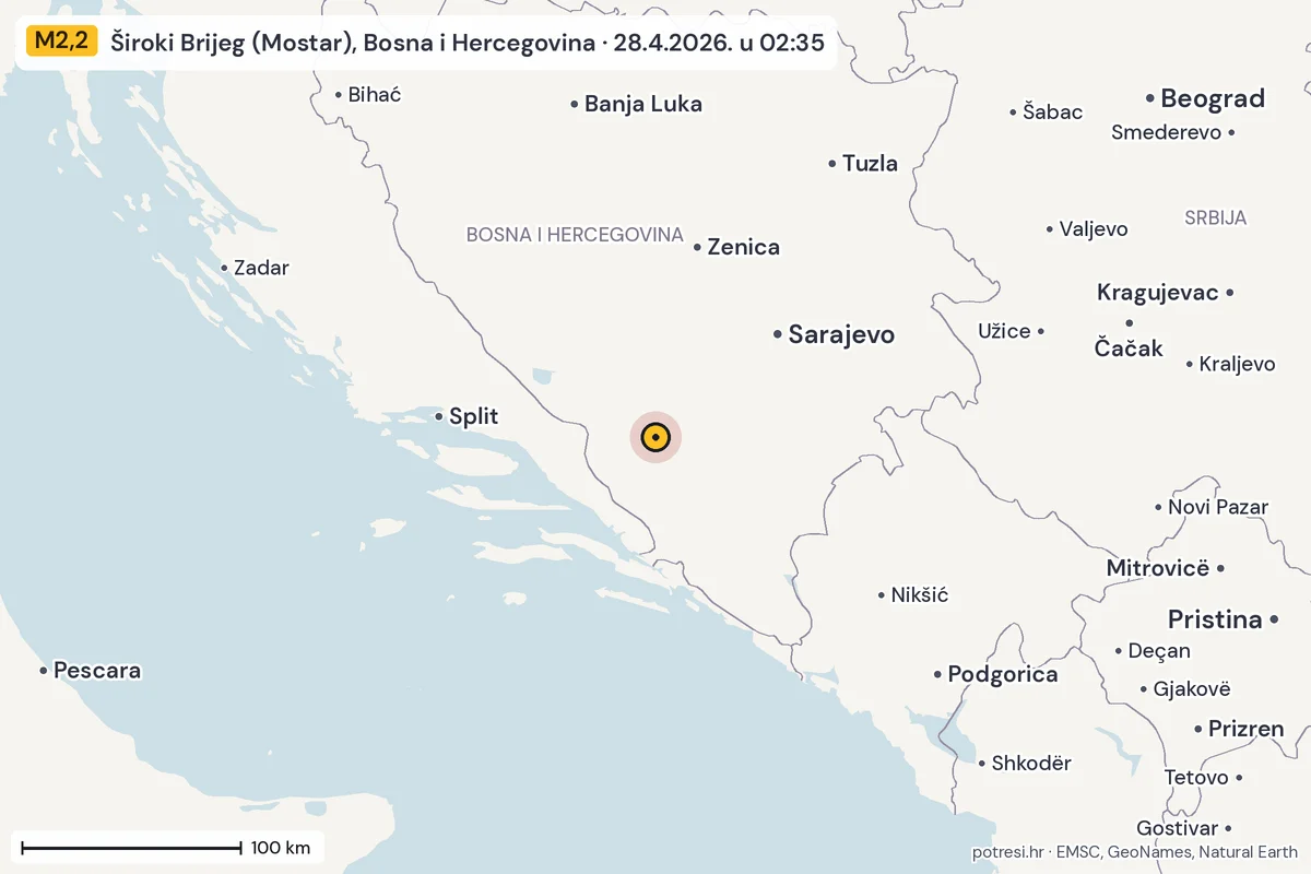 Karta: šire područje, 600 km, potres M2,2, Široki Brijeg (Mostar), Bosna i Hercegovina, 28.4.2026.