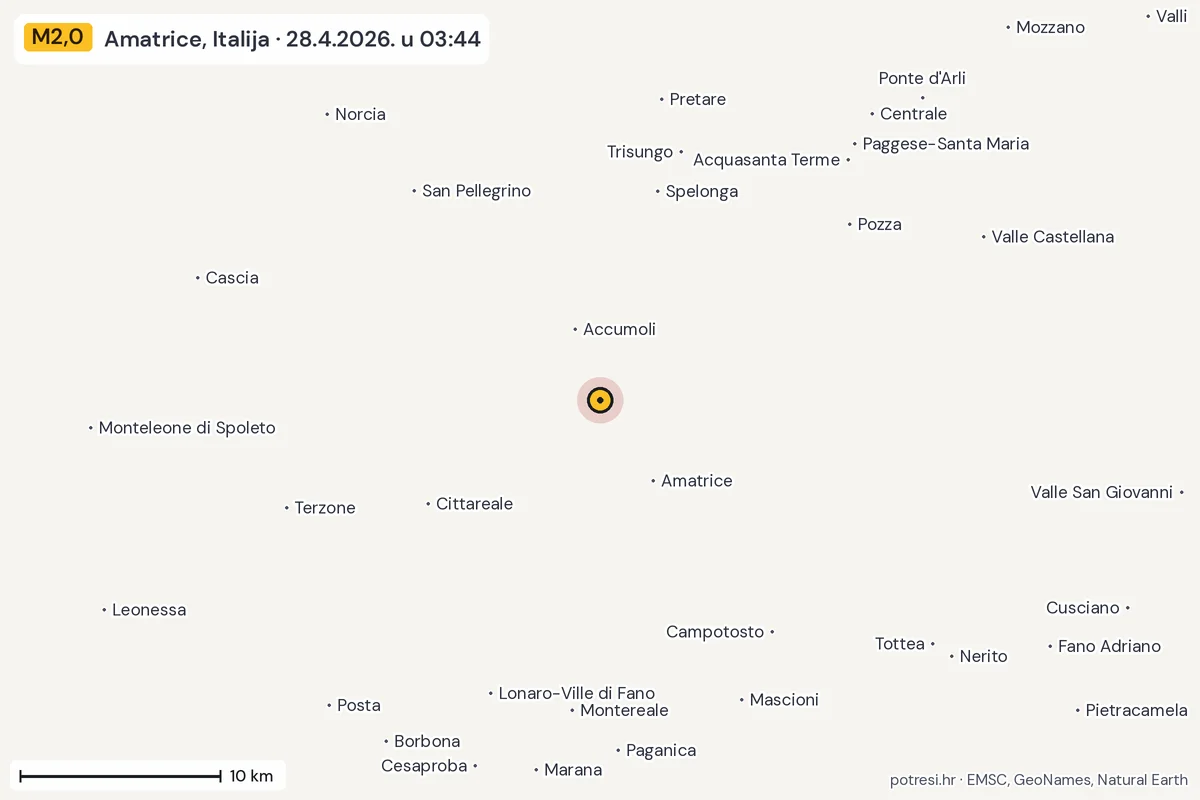 Karta: okolica epicentra, 60 km, potres M2,0, Amatrice, Italija, 28.4.2026.