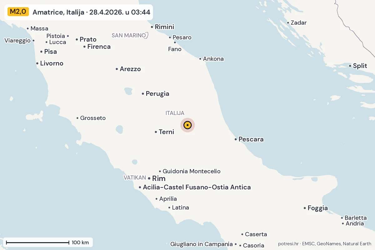 Karta: šire područje, 600 km, potres M2,0, Amatrice, Italija, 28.4.2026.