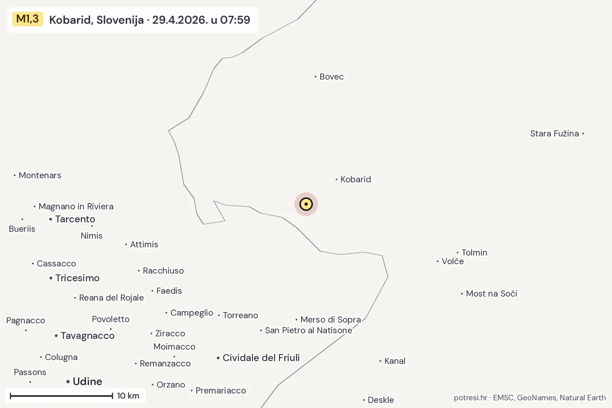 Karta: okolica epicentra, 60 km, potres M1,3, Kobarid, Slovenija, 29.4.2026.