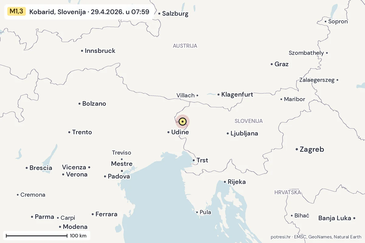 Karta: šire područje, 600 km, potres M1,3, Kobarid, Slovenija, 29.4.2026.