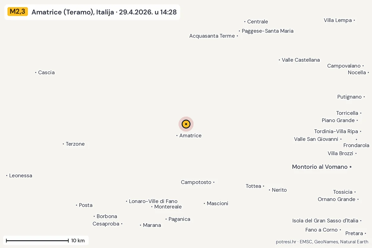 Karta: okolica epicentra, 60 km, potres M2,3, Amatrice (Teramo), Italija, 29.4.2026.