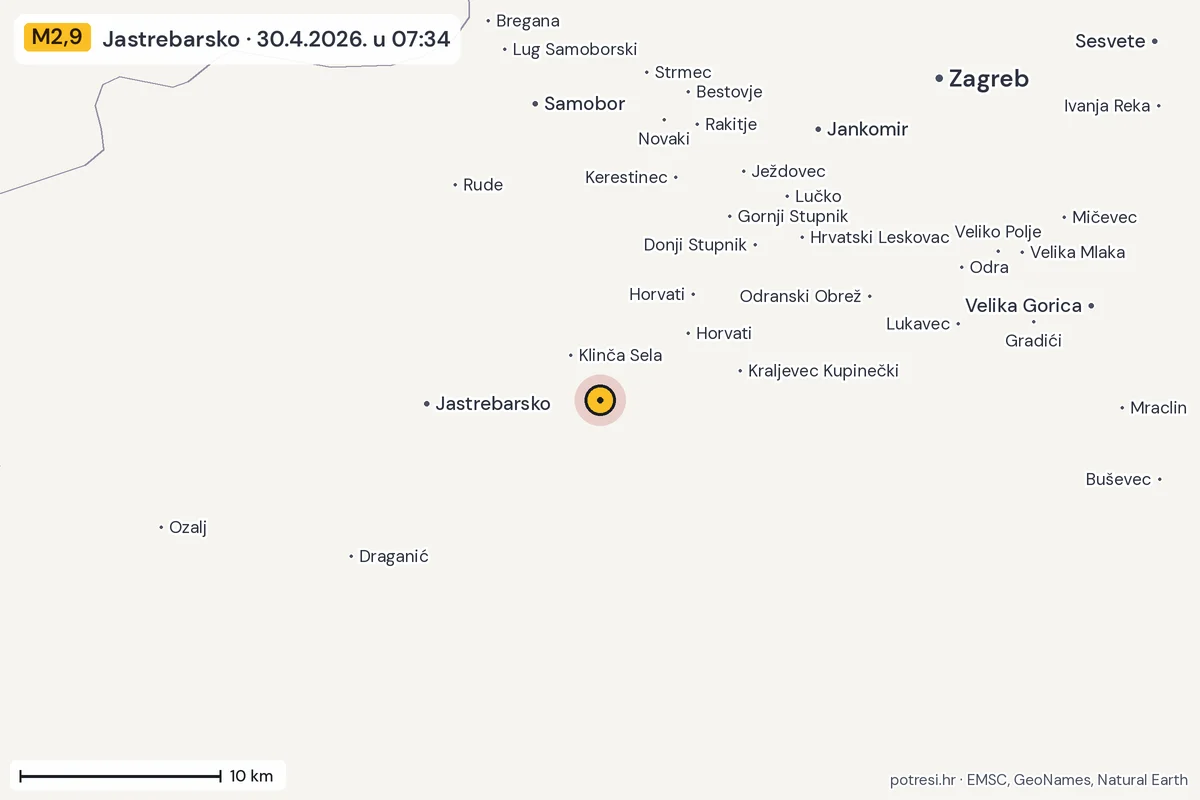 Karta: okolica epicentra, 60 km, potres M2,9, Jastrebarsko, 30.4.2026.