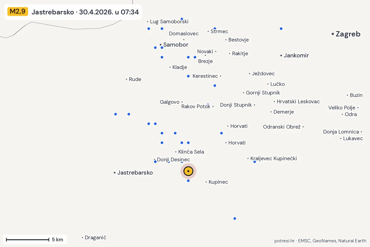 Karta: izvješća građana, potres M2,9, Jastrebarsko, 30.4.2026.