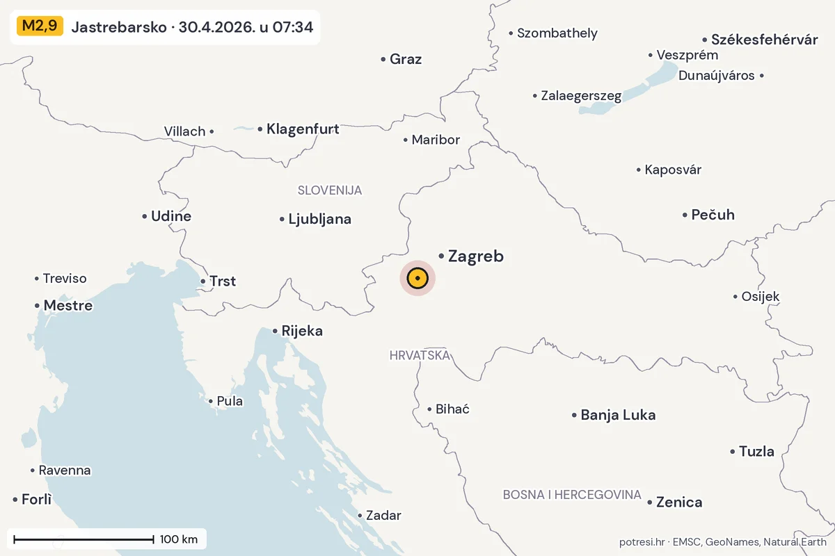 Karta: šire područje, 600 km, potres M2,9, Jastrebarsko, 30.4.2026.