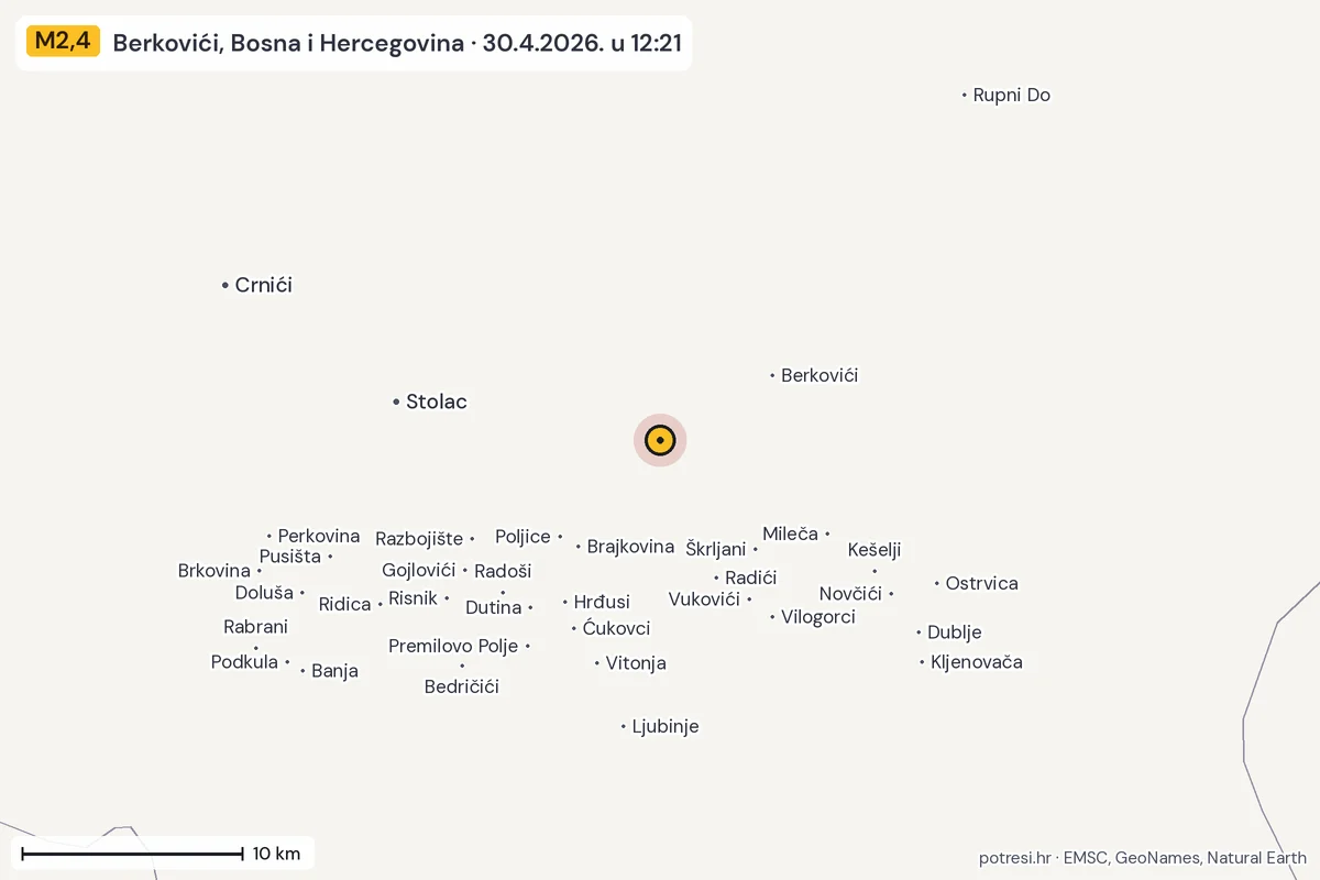 Karta: okolica epicentra, 60 km, potres M2,4, Berkovići, Bosna i Hercegovina, 30.4.2026.