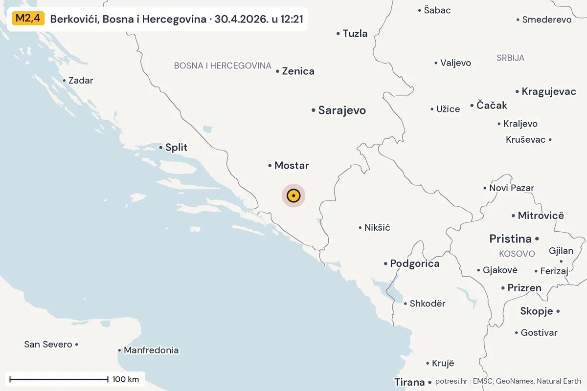 Karta: šire područje, 600 km, potres M2,4, Berkovići, Bosna i Hercegovina, 30.4.2026.