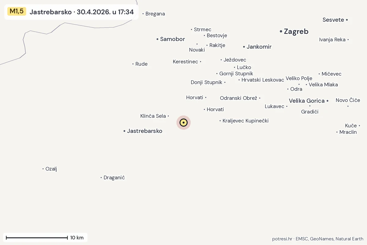 Karta: okolica epicentra, 60 km, potres M1,5, Jastrebarsko, 30.4.2026.