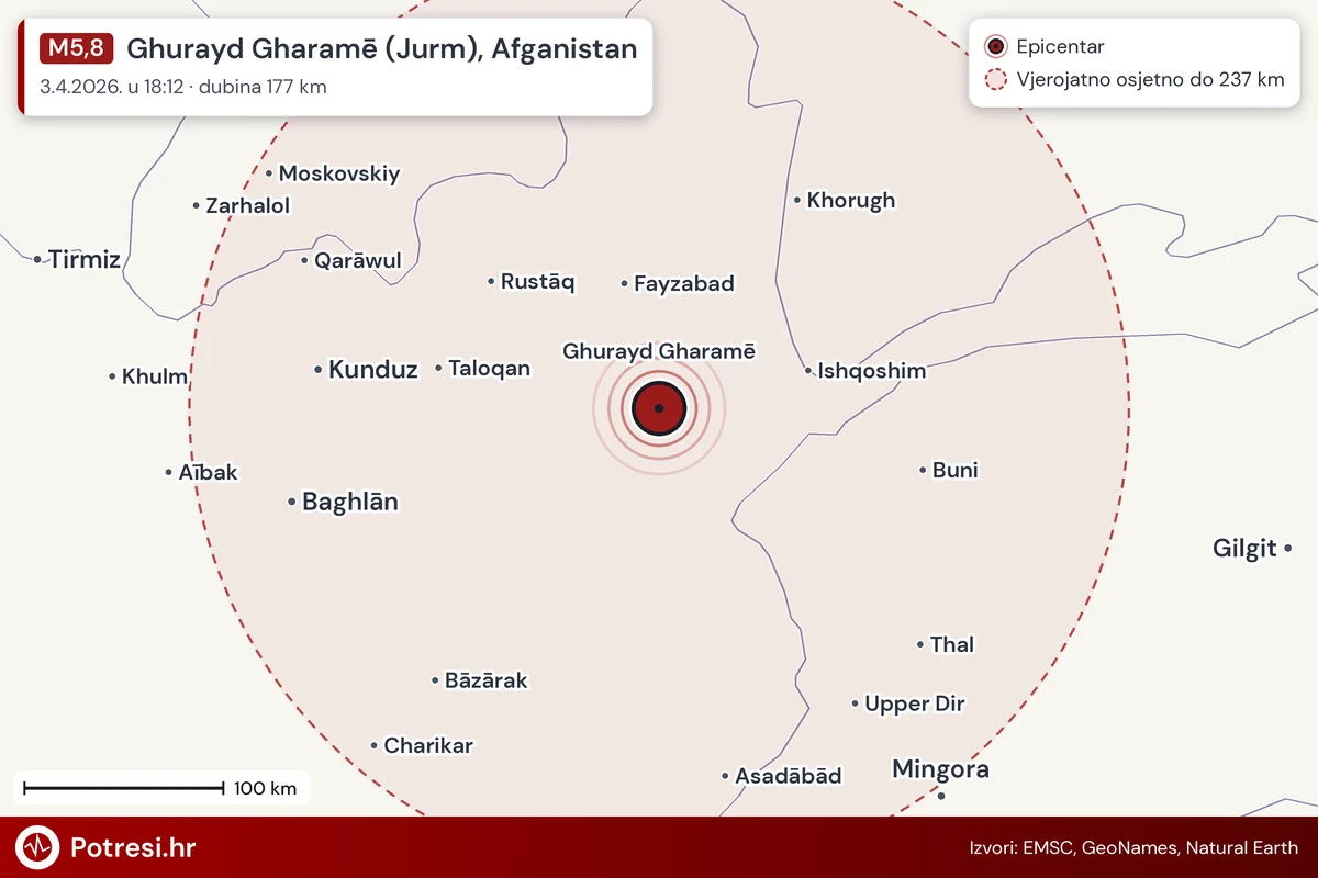 Karta: šire područje i vjerojatni doseg osjeta, potres M5,8, Ghurayd Gharamē (Jurm), Afganistan, 3.4.2026.