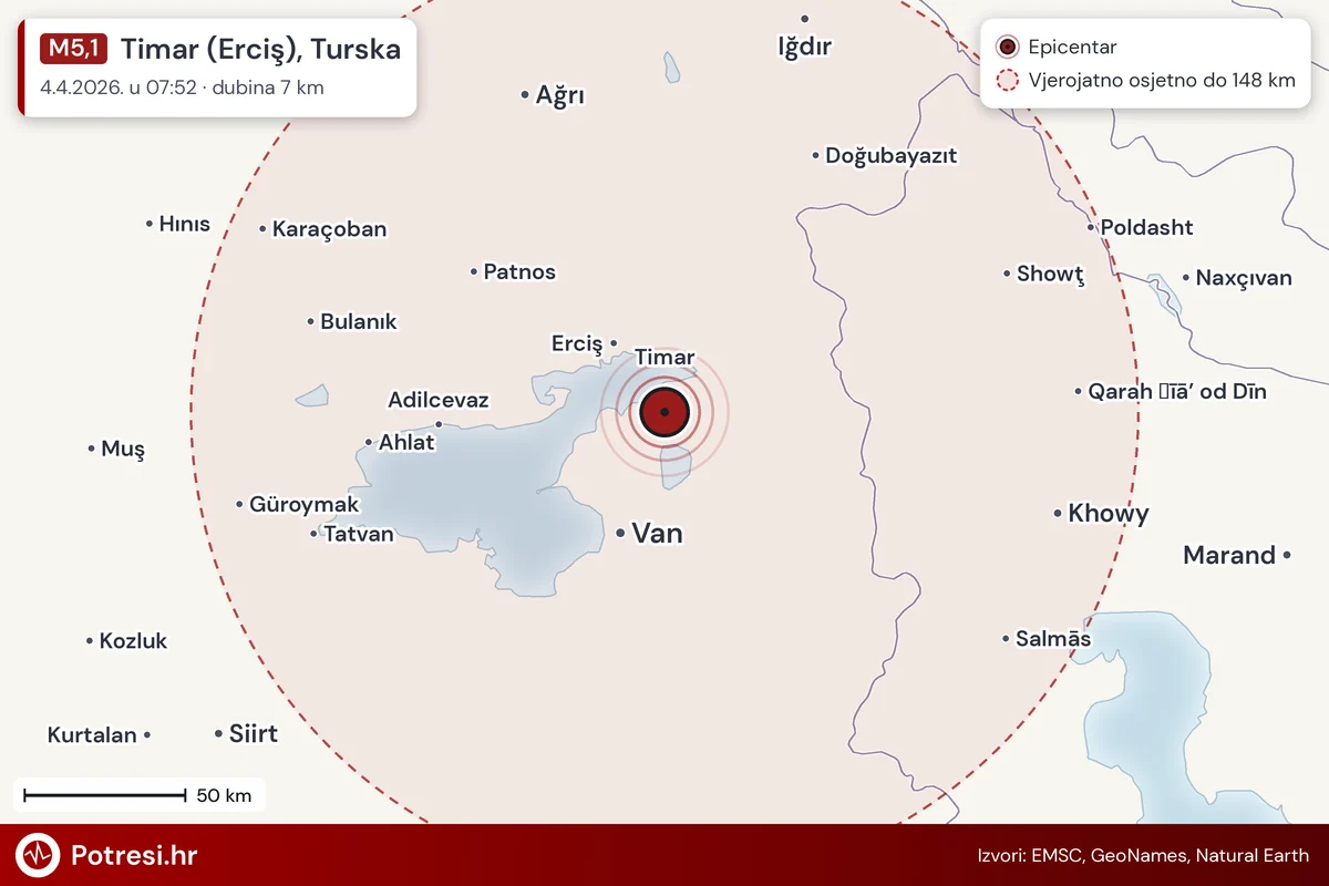 Karta: šire područje i vjerojatni doseg osjeta, potres M5,1, Timar (Erciş), Turska, 4.4.2026.