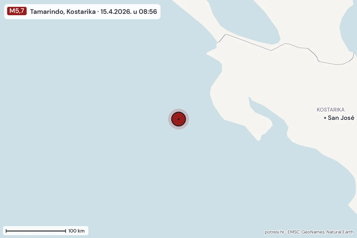 Karta: šire područje, 600 km, potres M5,7, Tamarindo, Kostarika, 15.4.2026.