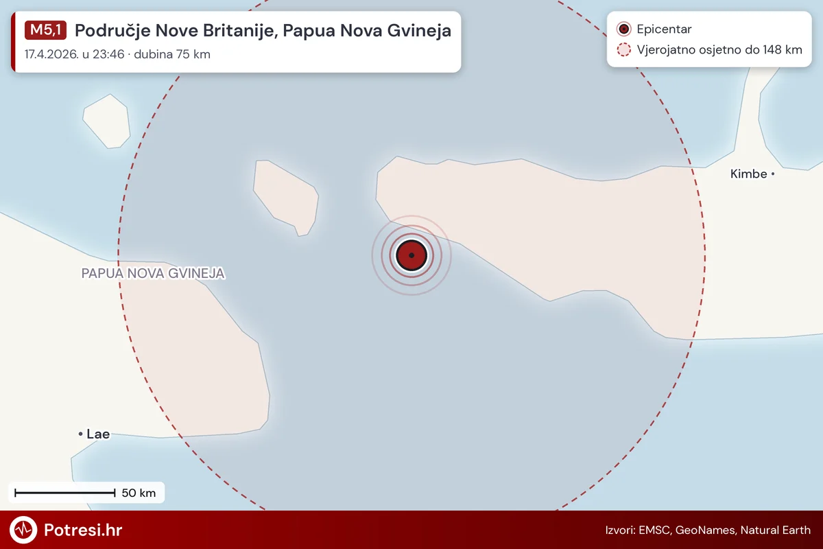 Karta: šire područje i vjerojatni doseg osjeta, potres M5,1, Područje Nove Britanije, Papua Nova Gvineja, 17.4.2026.