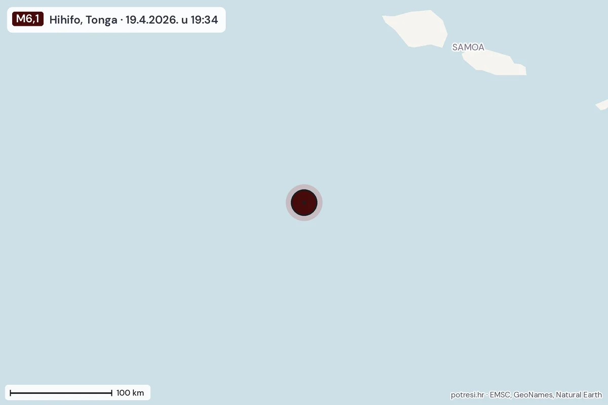 Karta: šire područje, 600 km, potres M6,1, Hihifo, Tonga, 19.4.2026.