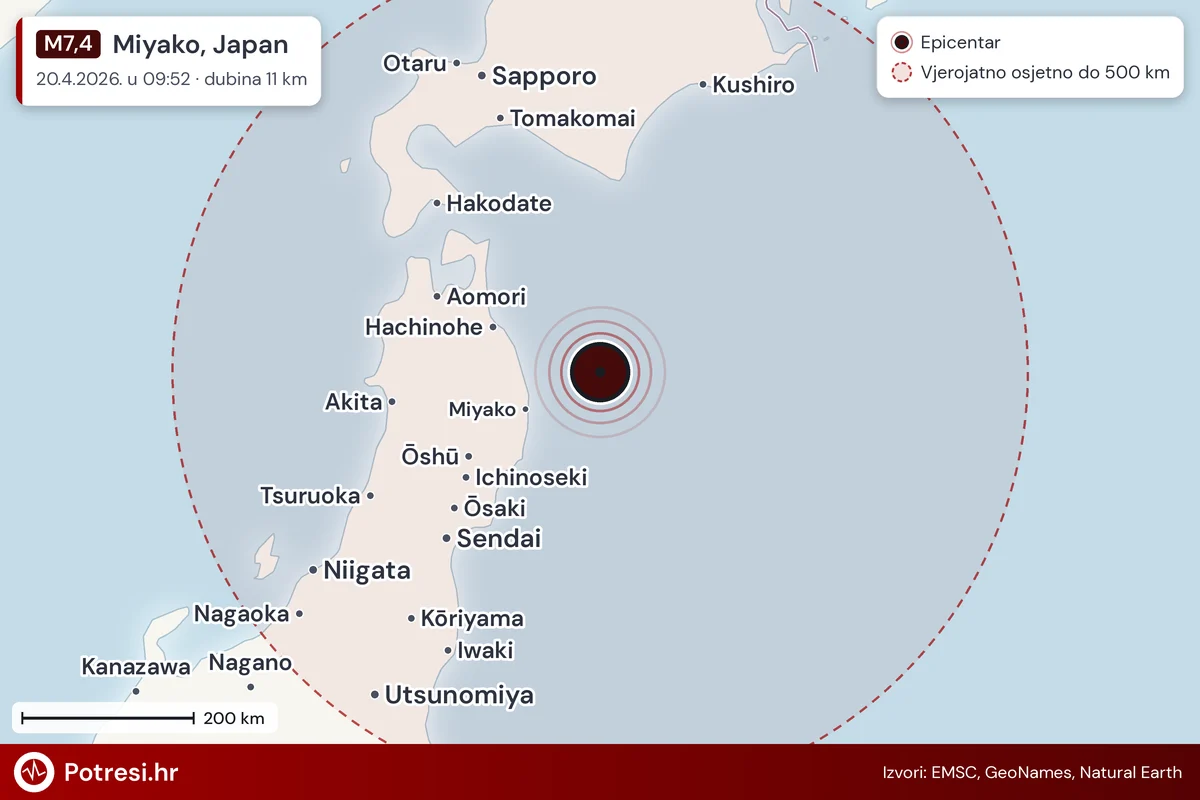 Karta: šire područje i vjerojatni doseg osjeta, potres M7,4, Miyako, Japan, 20.4.2026.