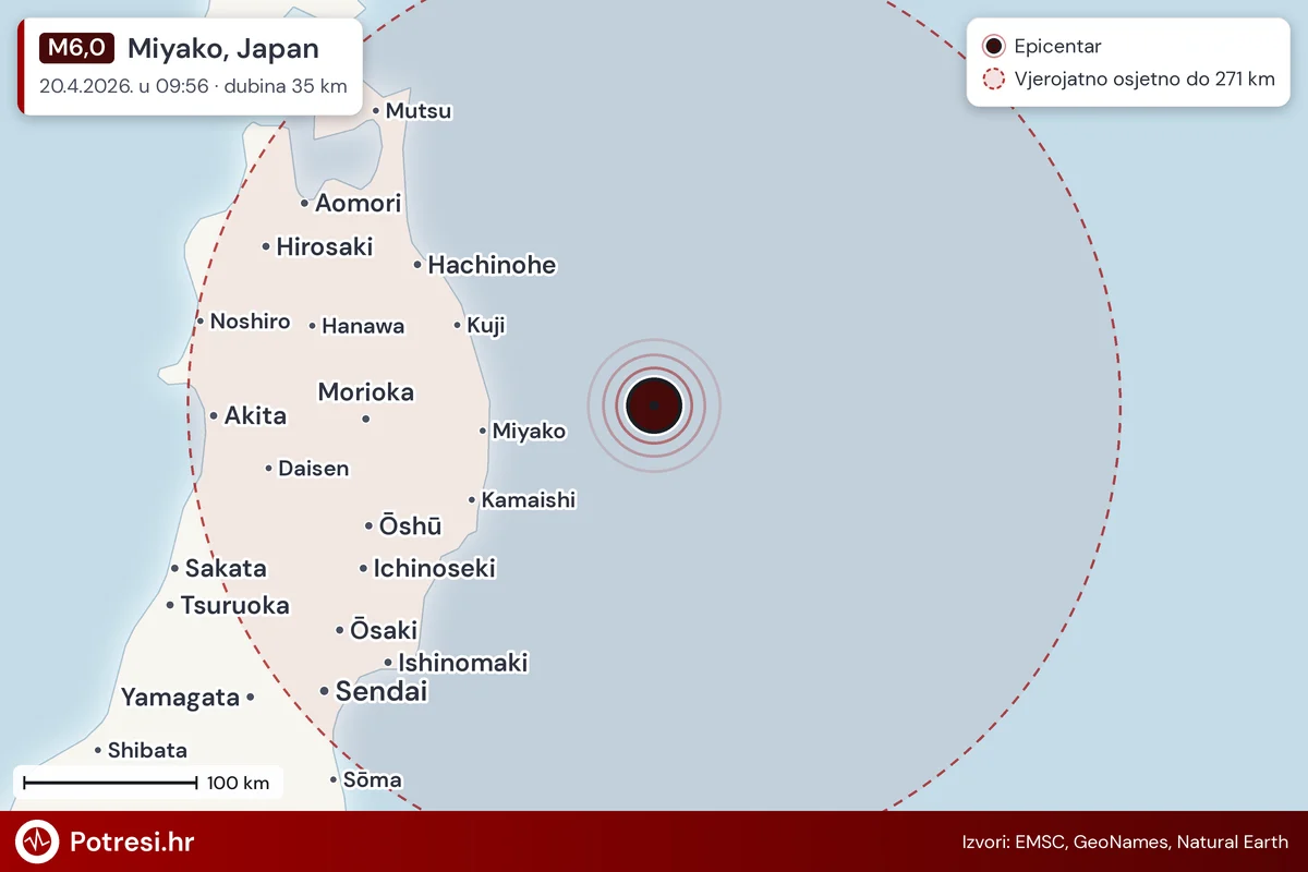 Karta: šire područje i vjerojatni doseg osjeta, potres M6,0, Miyako, Japan, 20.4.2026.