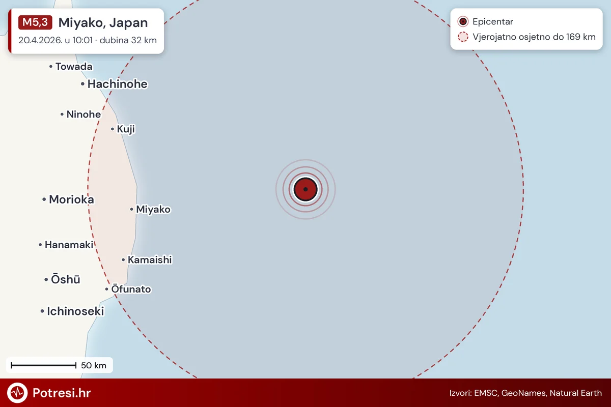 Karta: šire područje i vjerojatni doseg osjeta, potres M5,3, Miyako, Japan, 20.4.2026.