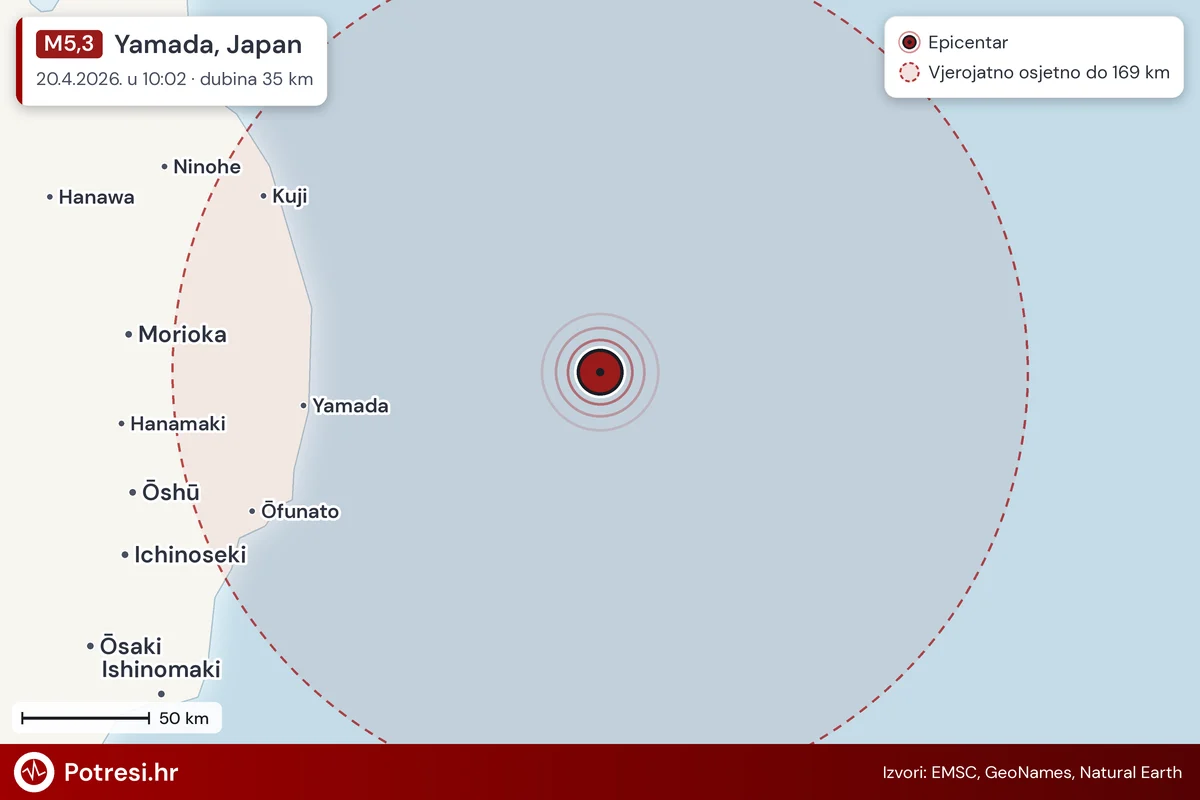 Karta: šire područje i vjerojatni doseg osjeta, potres M5,3, Yamada, Japan, 20.4.2026.