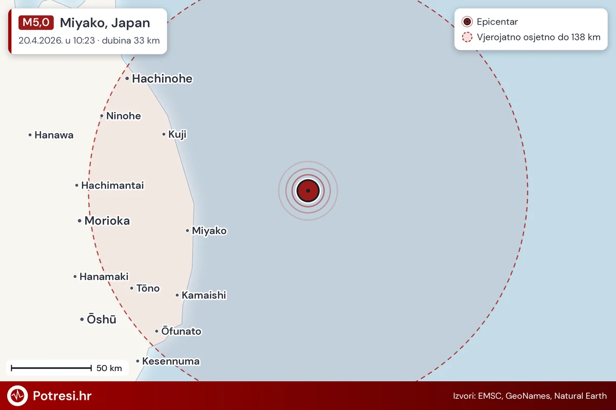 Karta: šire područje i vjerojatni doseg osjeta, potres M5,0, Miyako, Japan, 20.4.2026.