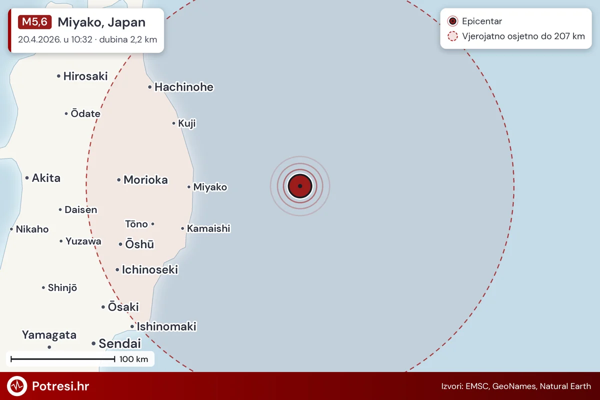 Karta: šire područje i vjerojatni doseg osjeta, potres M5,6, Miyako, Japan, 20.4.2026.