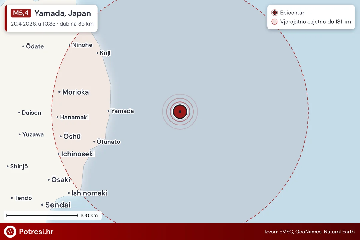 Karta: šire područje i vjerojatni doseg osjeta, potres M5,4, Yamada, Japan, 20.4.2026.