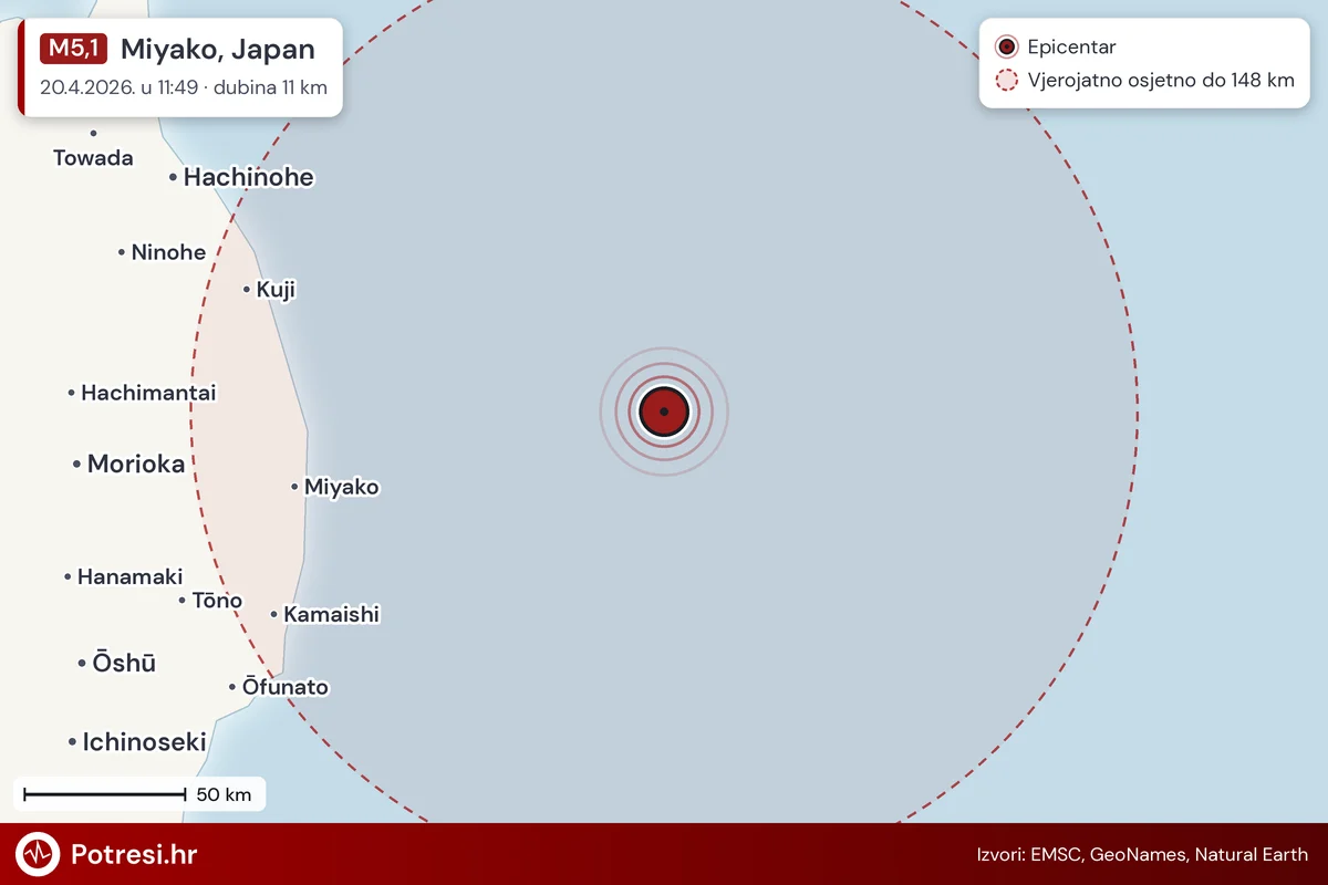 Karta: šire područje i vjerojatni doseg osjeta, potres M5,1, Miyako, Japan, 20.4.2026.