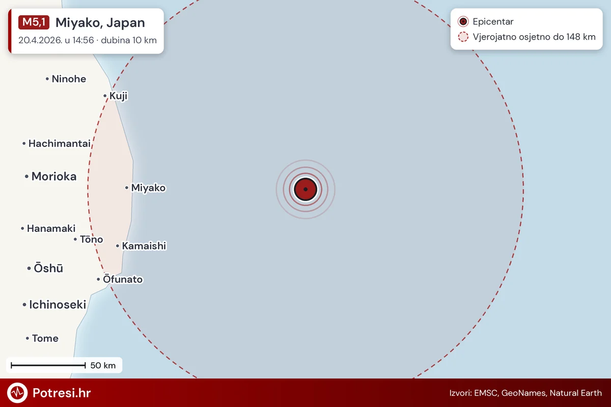 Karta: šire područje i vjerojatni doseg osjeta, potres M5,1, Miyako, Japan, 20.4.2026.