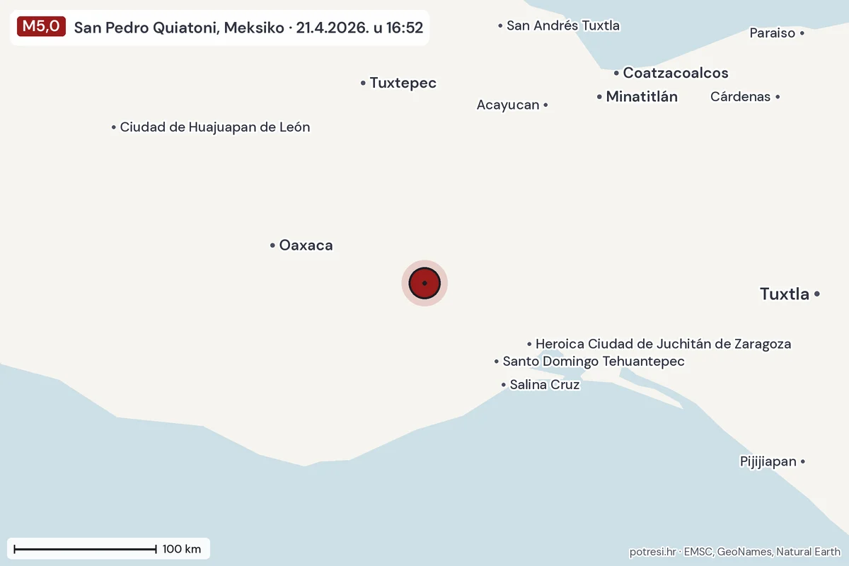 Karta: šire područje, 600 km, potres M5,0, San Pedro Quiatoni, Meksiko, 21.4.2026.