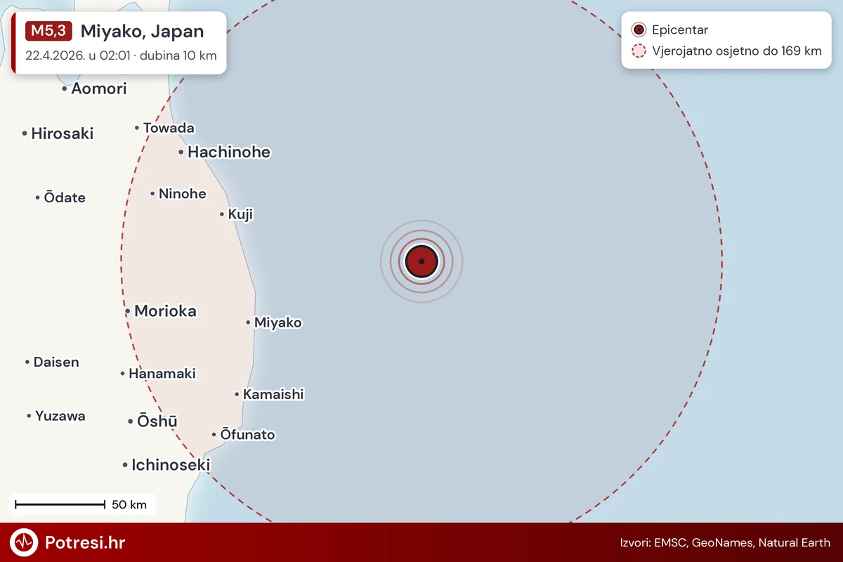 Karta: šire područje i vjerojatni doseg osjeta, potres M5,3, Miyako, Japan, 22.4.2026.