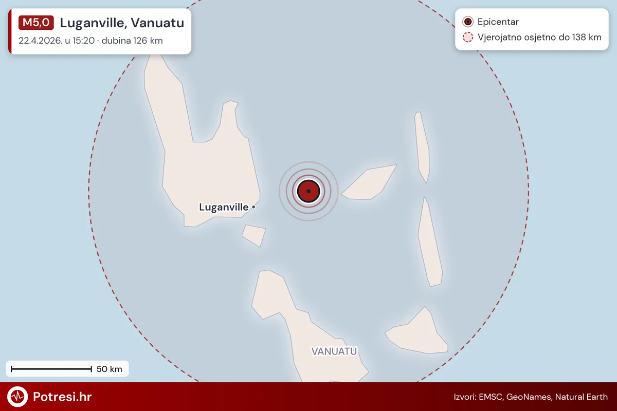 Karta: šire područje i vjerojatni doseg osjeta, potres M5,0, Luganville, Vanuatu, 22.4.2026.