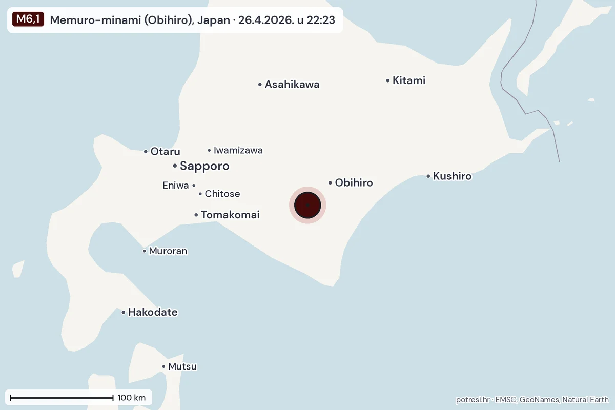 Karta: šire područje, 600 km, potres M6,1, Memuro-minami (Obihiro), Japan, 26.4.2026.