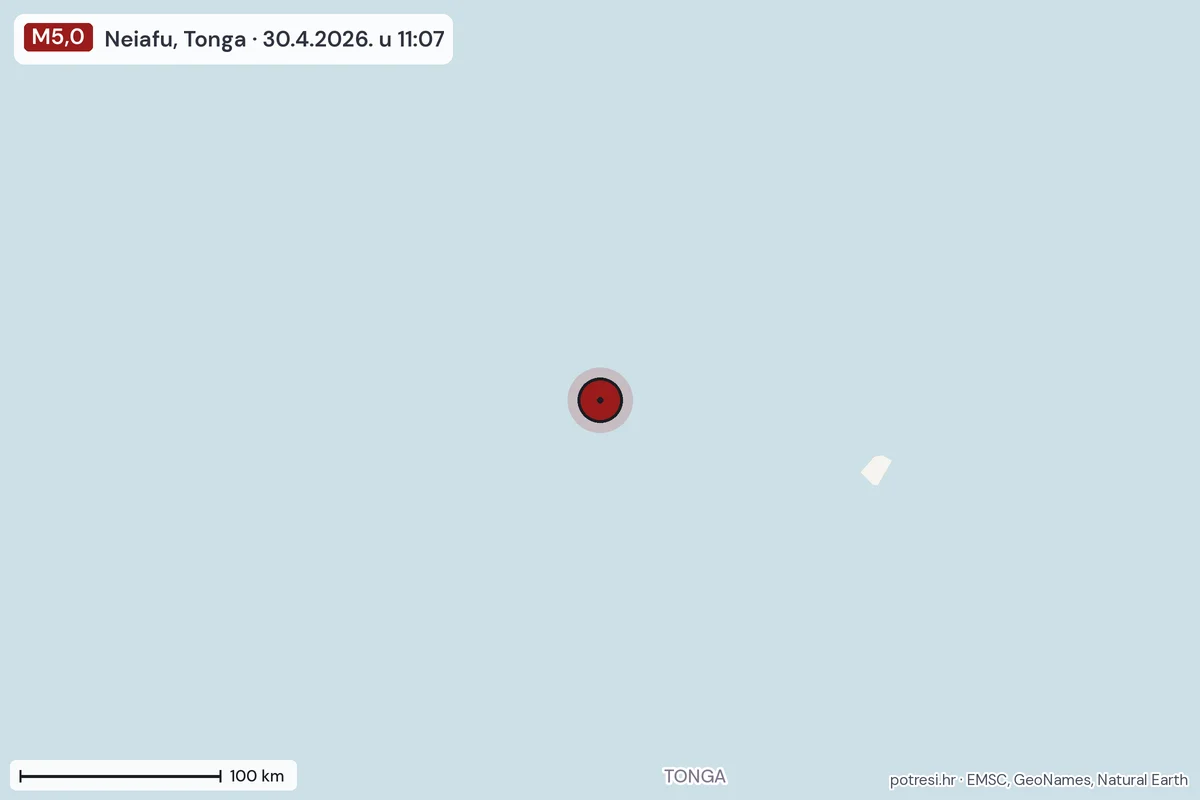 Karta: šire područje, 600 km, potres M5,0, Neiafu, Tonga, 30.4.2026.