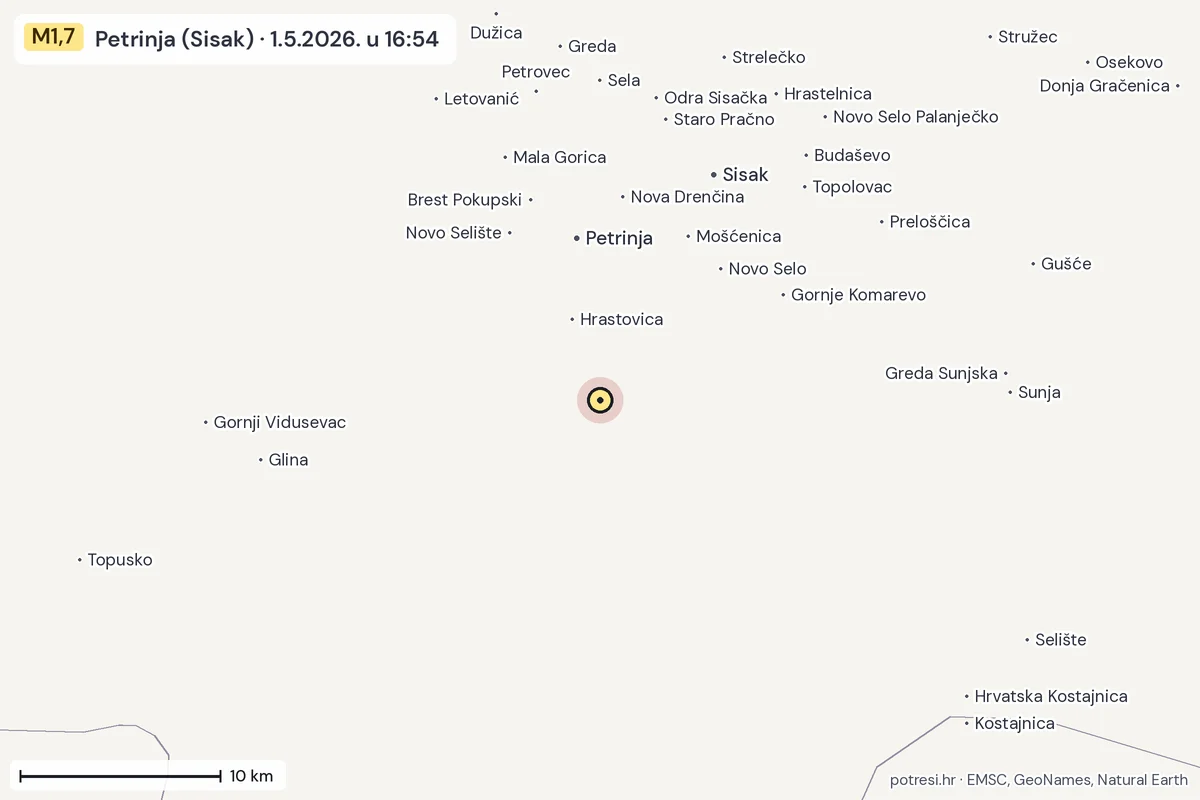 Karta: okolica epicentra, 60 km, potres M1,7, Petrinja (Sisak), 1.5.2026.