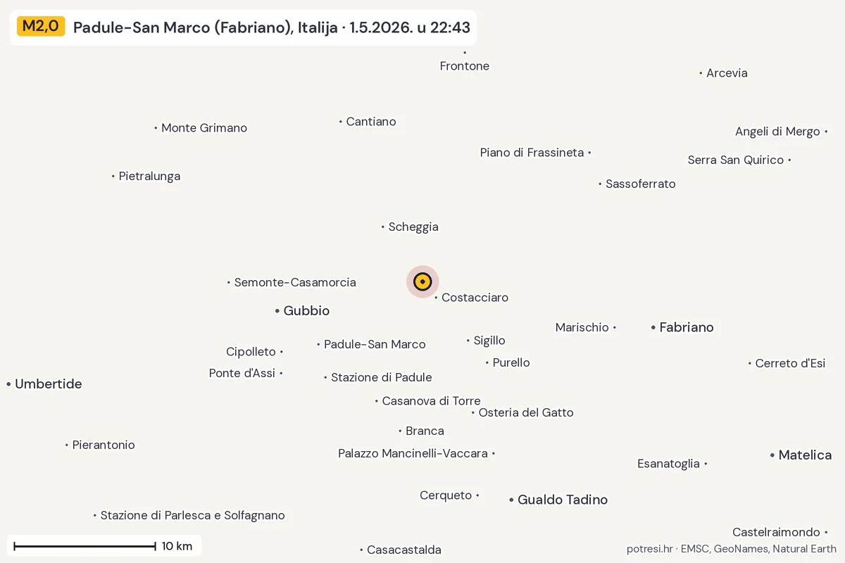 Karta: okolica epicentra, 60 km, potres M2,0, Padule-San Marco (Fabriano), Italija, 1.5.2026.