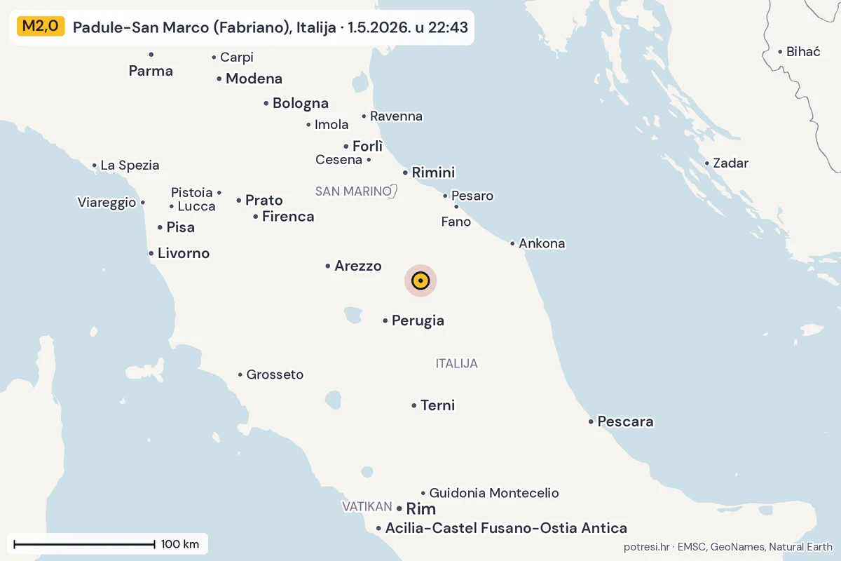 Karta: šire područje, 600 km, potres M2,0, Padule-San Marco (Fabriano), Italija, 1.5.2026.