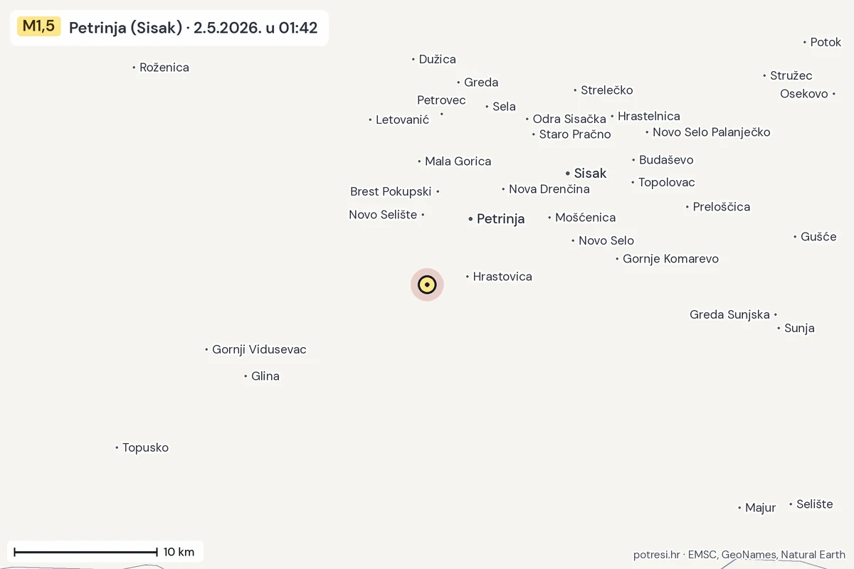 Karta: okolica epicentra, 60 km, potres M1,5, Petrinja (Sisak), 2.5.2026.