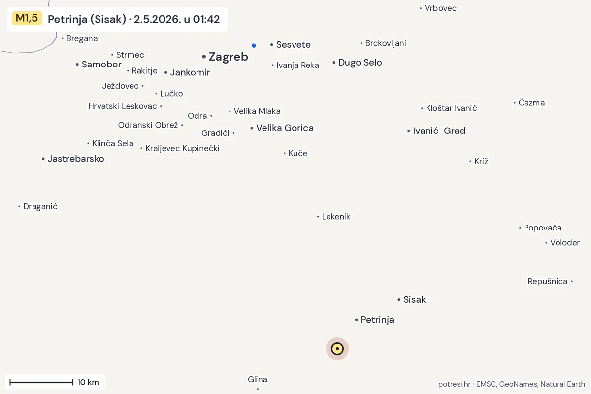 Karta: izvješća građana, potres M1,5, Petrinja (Sisak), 2.5.2026.