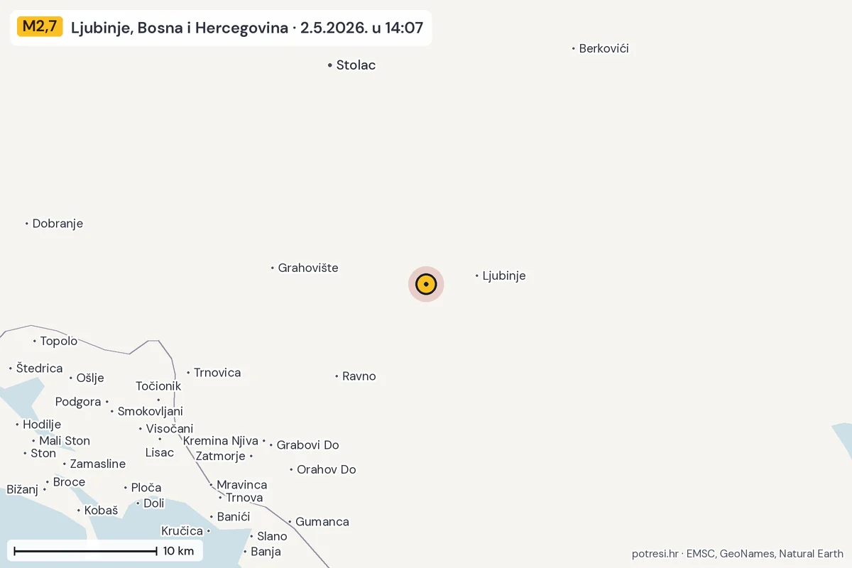 Karta: okolica epicentra, 60 km, potres M2,7, Ljubinje, Bosna i Hercegovina, 2.5.2026.