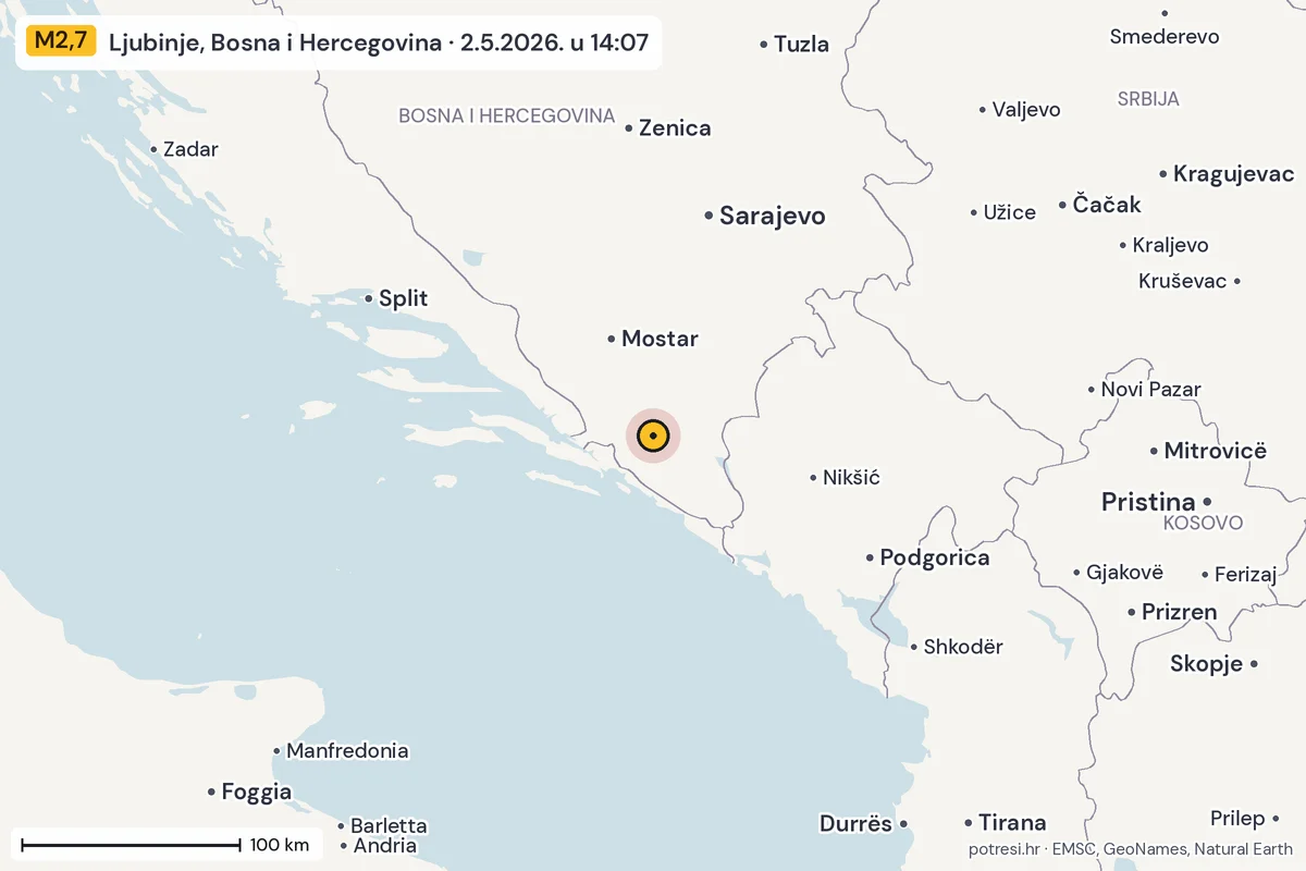Karta: šire područje, 600 km, potres M2,7, Ljubinje, Bosna i Hercegovina, 2.5.2026.