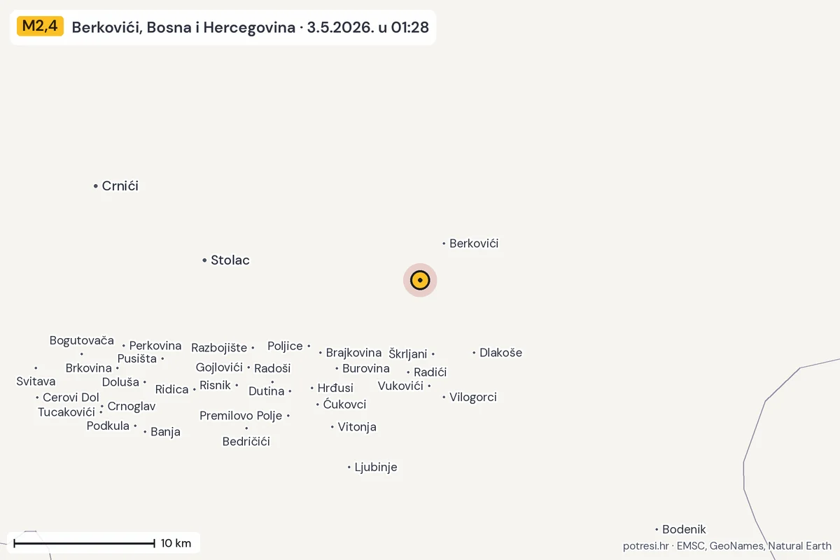 Karta: okolica epicentra, 60 km, potres M2,4, Berkovići, Bosna i Hercegovina, 3.5.2026.