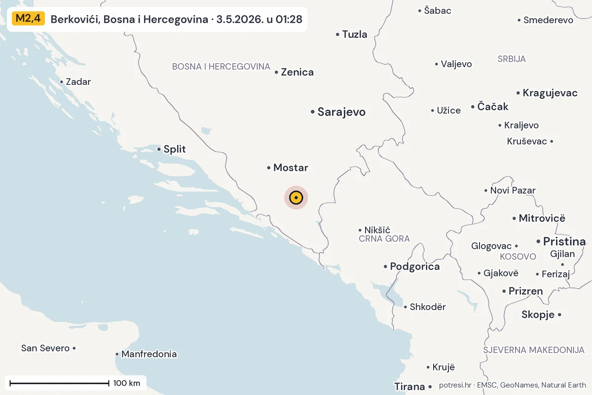 Karta: šire područje, 600 km, potres M2,4, Berkovići, Bosna i Hercegovina, 3.5.2026.