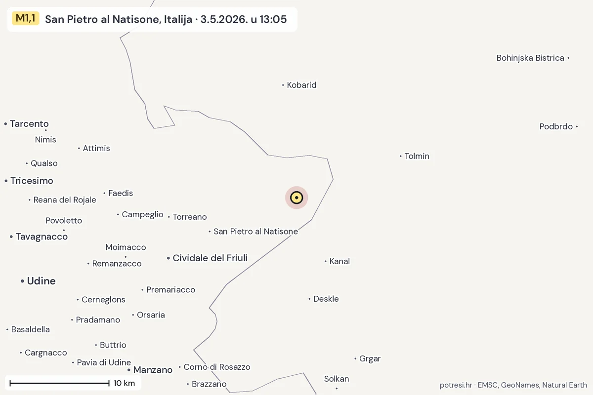 Karta: okolica epicentra, 60 km, potres M1,1, San Pietro al Natisone, Italija, 3.5.2026.