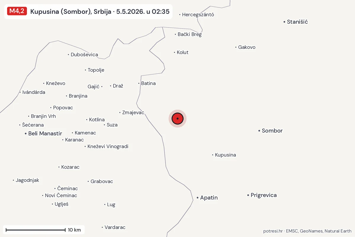 Karta: okolica epicentra, 60 km, potres M4,2, Kupusina (Sombor), Srbija, 5.5.2026.