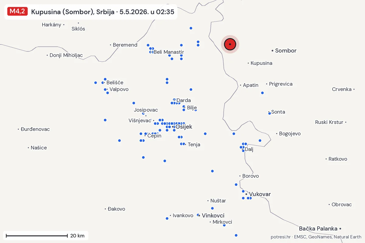Karta: izvješća građana, potres M4,2, Kupusina (Sombor), Srbija, 5.5.2026.