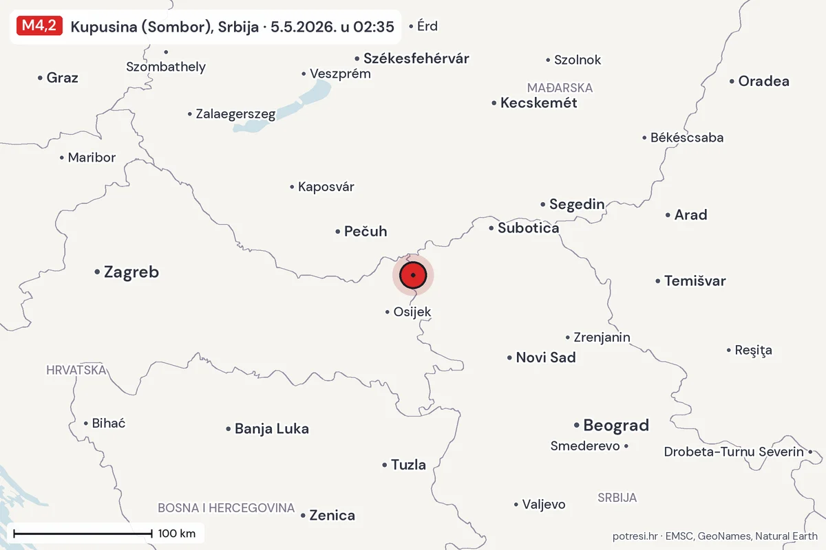 Karta: šire područje, 600 km, potres M4,2, Kupusina (Sombor), Srbija, 5.5.2026.
