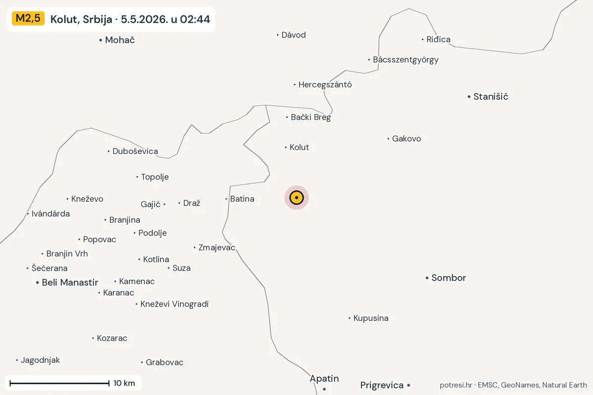 Karta: okolica epicentra, 60 km, potres M2,5, Kolut, Srbija, 5.5.2026.