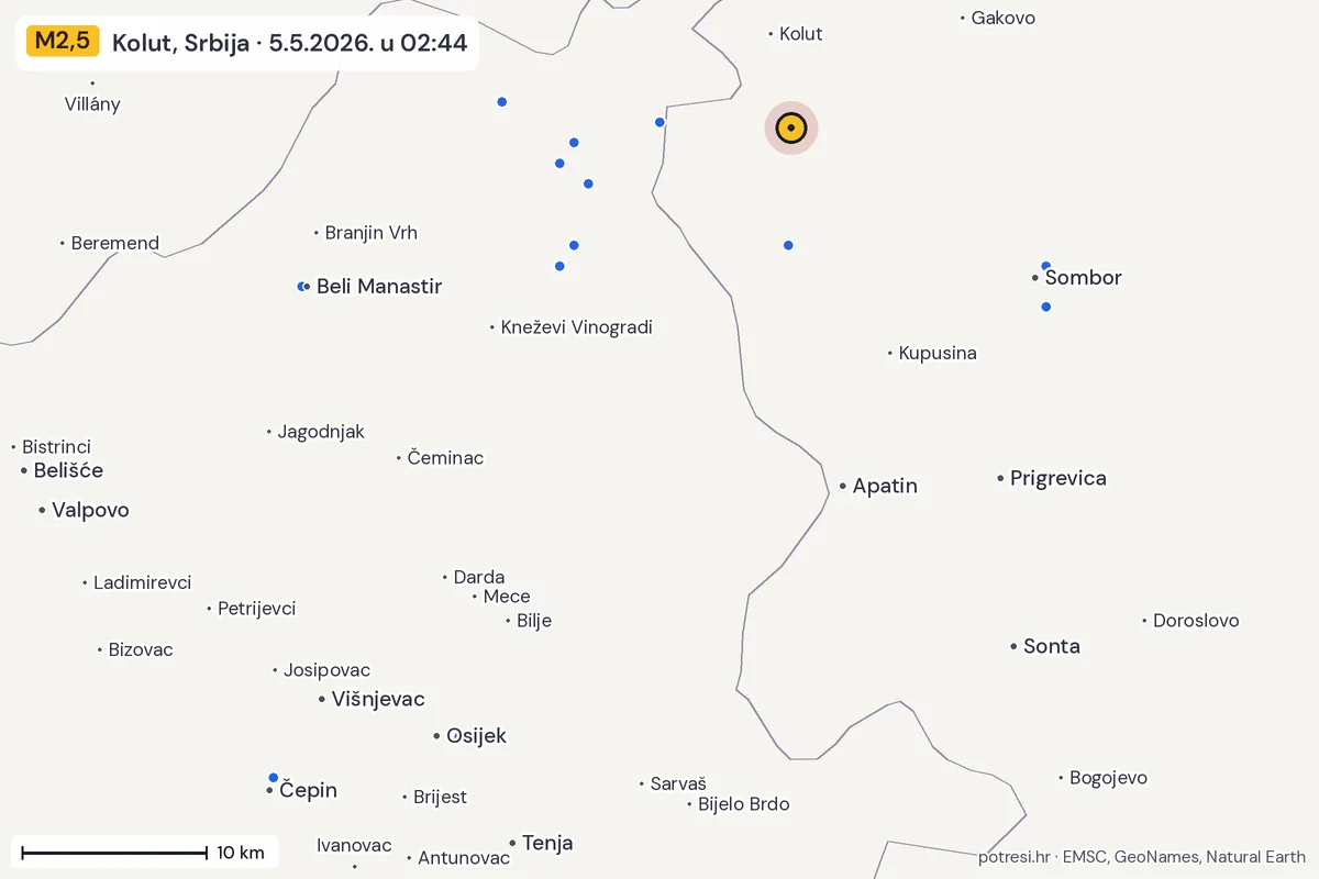 Karta: izvješća građana, potres M2,5, Kolut, Srbija, 5.5.2026.