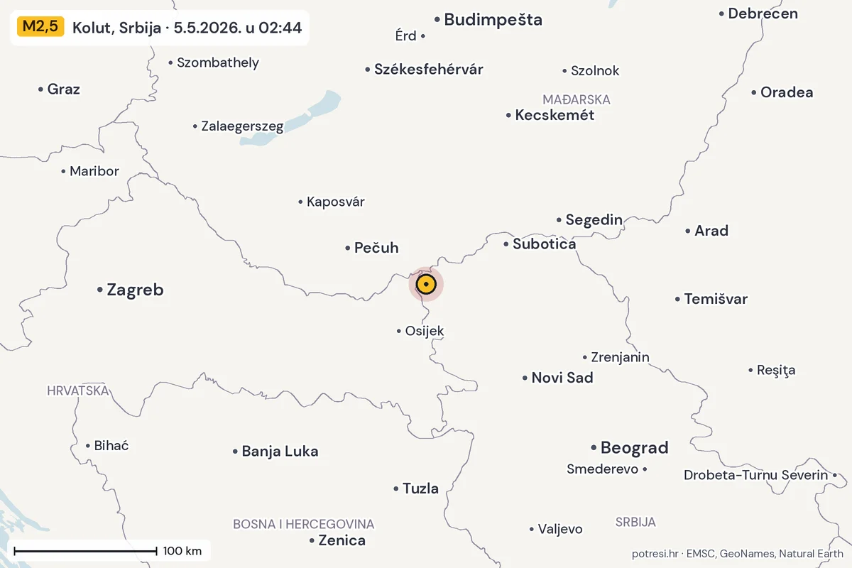 Karta: šire područje, 600 km, potres M2,5, Kolut, Srbija, 5.5.2026.