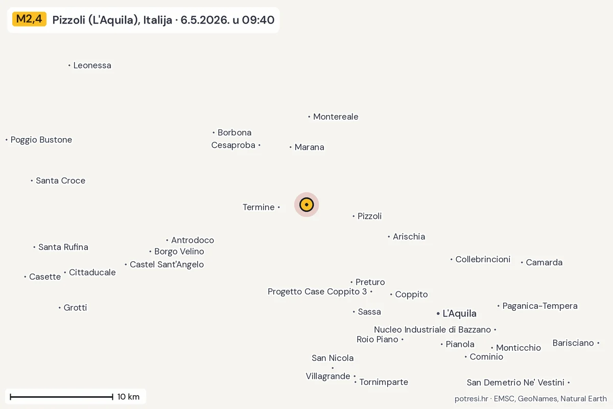 Karta: okolica epicentra, 60 km, potres M2,4, Pizzoli (L'Aquila), Italija, 6.5.2026.